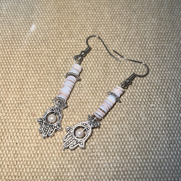 Handmade 🪬 Hamsa Charm & Shell Dangle Earrings - Picture 4 of 5